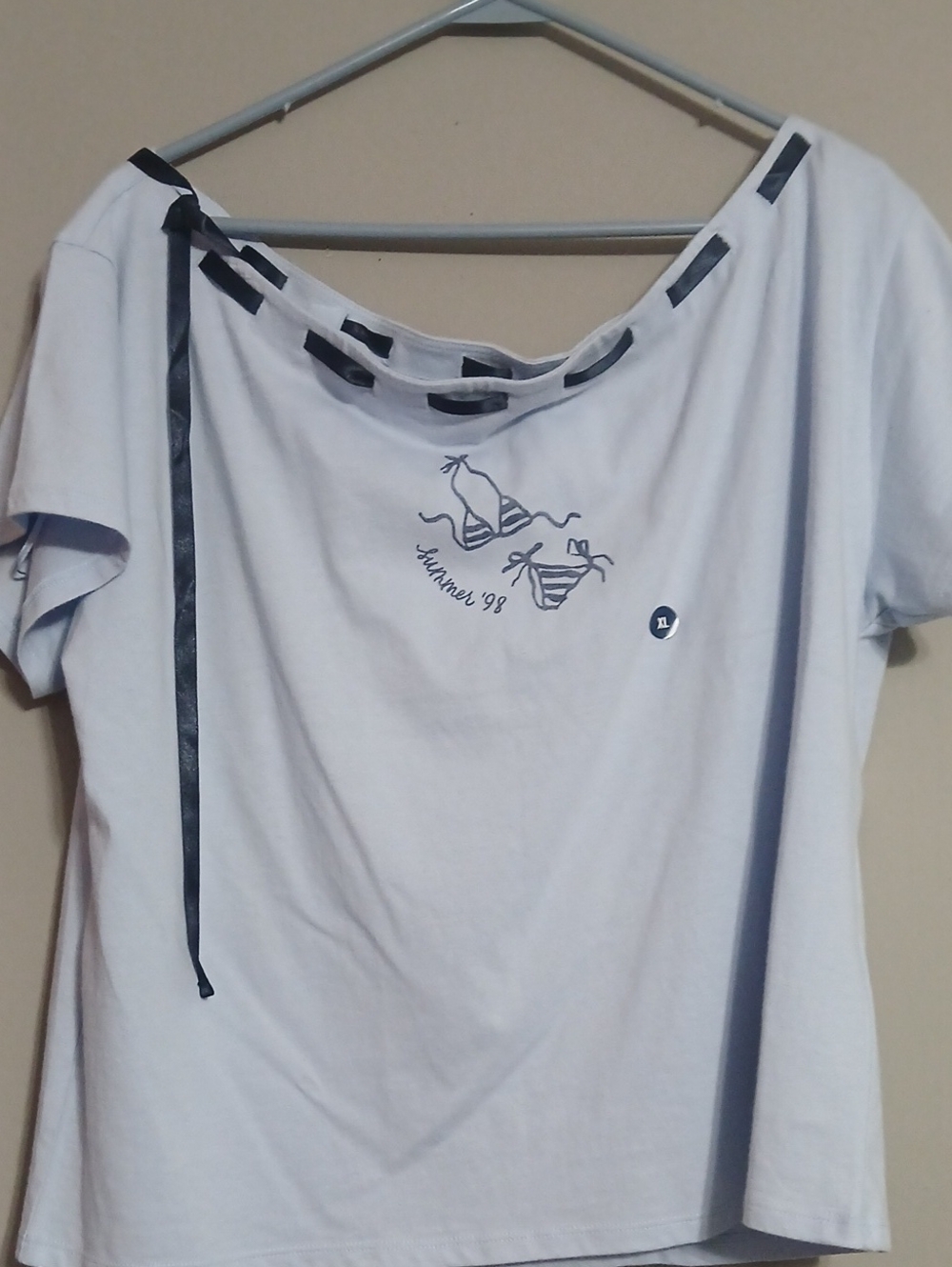 Hollister White Boatneck Tee with Black Ribbon Detail